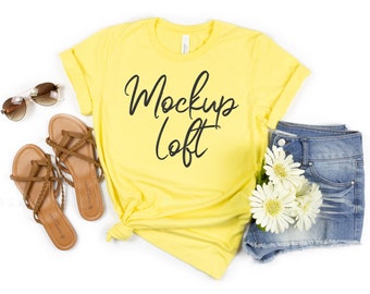 Bella Canvas 3001 Mockup Yellow | Yellow T Shirt Mockup | Styled Flat Lay | Summer Tshirt Mockup | SKU T0149