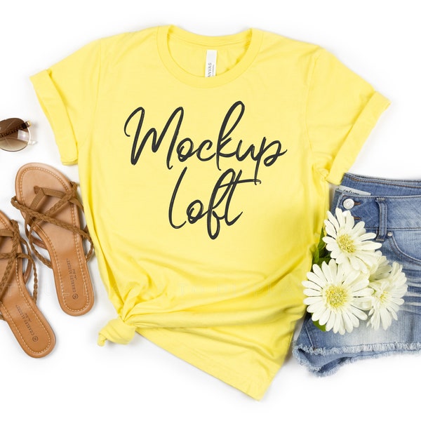 Bella Canvas 3001 Mockup Yellow | Yellow T Shirt Mockup | Styled Flat Lay | Summer Tshirt Mockup | SKU T0149