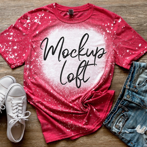 Bleached T Shirt Mockup Heather Red | Bleached Heather Red T Shirt Mockup | Digital JPEG Image | Styled Flat Lay | SKU T0509