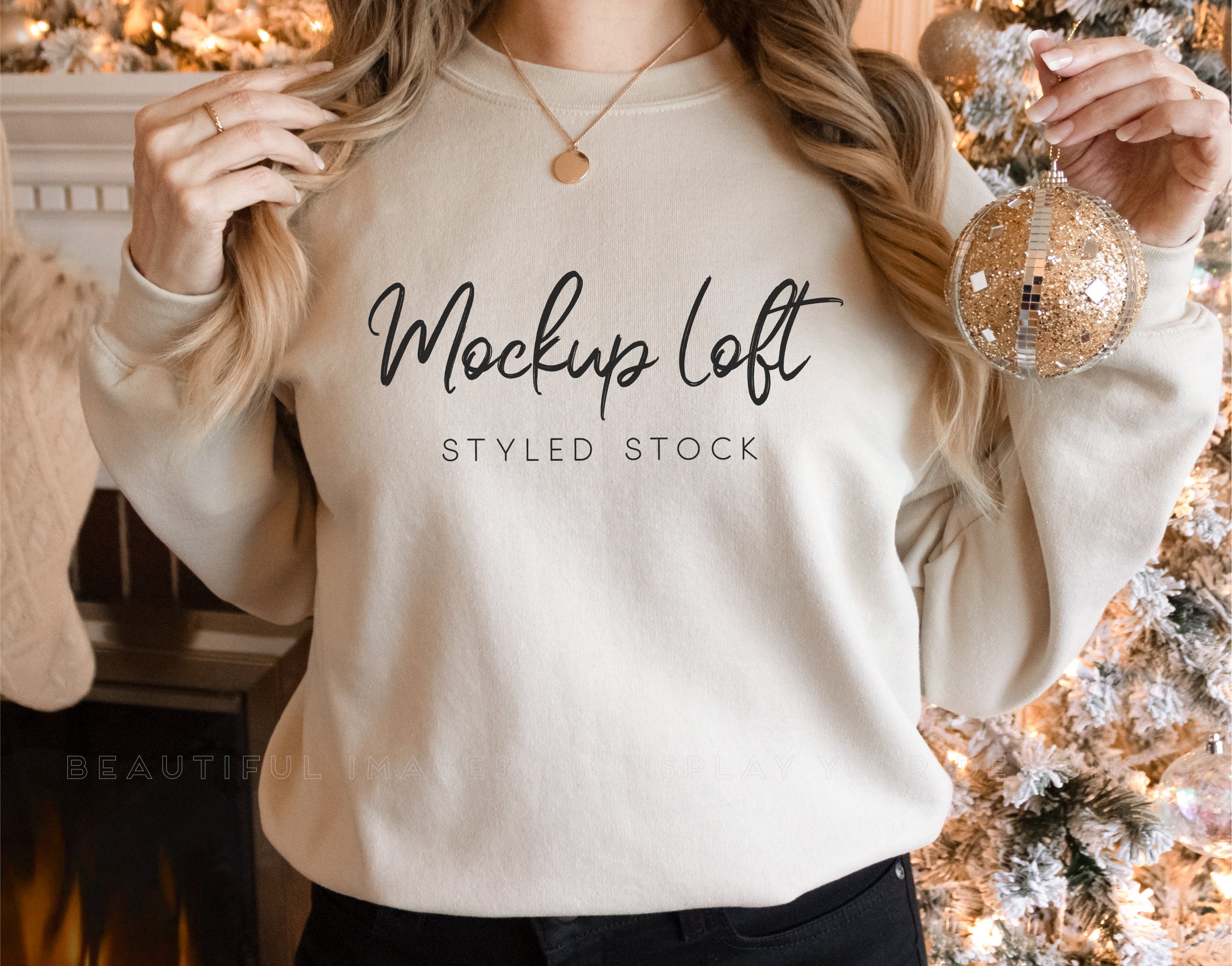 Model Mockup Beige Sweatshirt | Crewneck Mockup | Sand