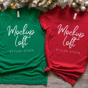 Christmas Couple Mockup | Bella Canvas 3001 Mockup Kelly Green and Red | Christmas Mockup | Red and Green Couple T shirt Mockup | SKU T0363