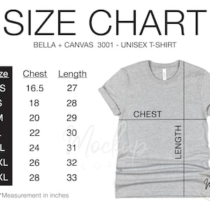 Bella Canvas 3001 Size Chart, Tshirt Measurements, 3001 Size Chart, Unisex Jersey T-shirt, Bella Canvas Size Chart, SKU SC006