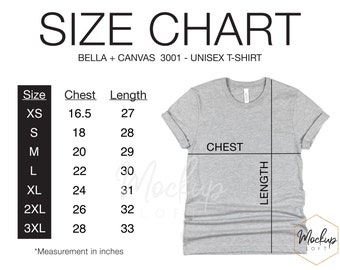 Bella Canvas 3001 Size Chart, Tshirt Measurements, 3001 Size Chart, Unisex Jersey T-shirt, Bella Canvas Size Chart, SKU SC006