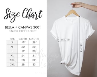 Size Chart, Bella Canvas 3001, Tshirt Measurements, 3001 Size Chart, Unisex Jersey T-shirt, Bella Canvas Size Chart, SKU SC021