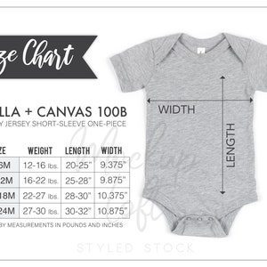 100B Größentabelle, Bella Canvas 100B Baby Kurzarm Einteiler Maße, Baby Bodysuit Größentabelle, Bella Canvas Größentabelle, SKU SC014