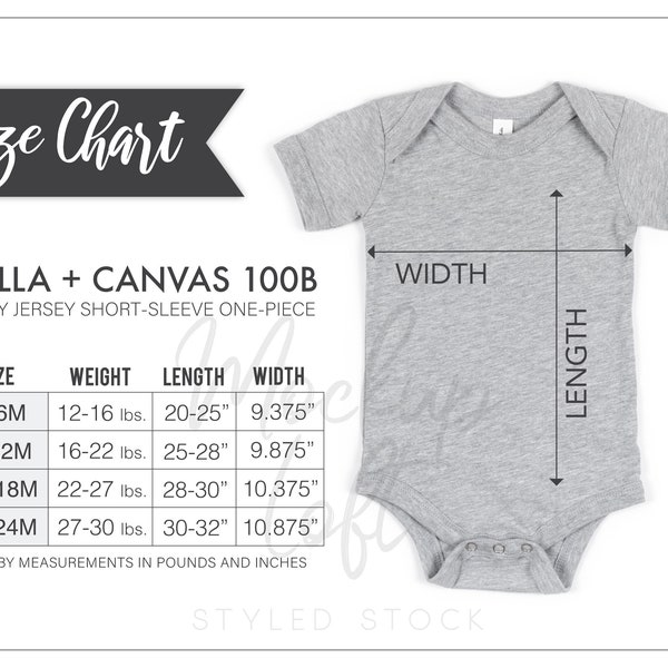 100B Size Chart, Bella Canvas 100B Baby Short-Sleeve One-Piece Measurements, Baby Bodysuit Size Chart, Bella Canvas Size Chart, SKU SC014