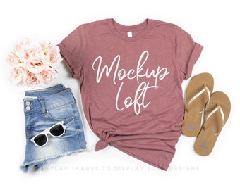 Bella Canvas 3001 Mockup Heather Mauve | Summer T shirt Mockup | Styled Flat Lay | Knotted T shirt Mockup | SKU T0137