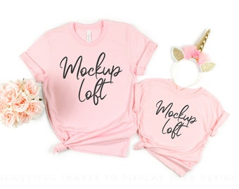 Mommy and Me Shirt Mockup | Bella Canvas 3001 Mockup Pink | 3001T Toddler T shirt Mockup Pink | Matching Outfits Mockup | SKU T0213