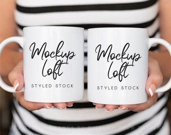 Model Mug Mockup | Front and Back Mug Mockup | 11 oz. Ceramic Mug Mockup | 2 White Coffee Mugs Mockup | Styled Stock Photo | SKU M0029