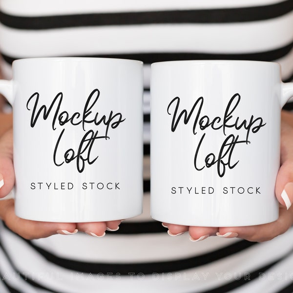 Model Mug Mockup | Front and Back Mug Mockup | 11 oz. Ceramic Mug Mockup | 2 White Coffee Mugs Mockup | Styled Stock Photo | SKU M0029