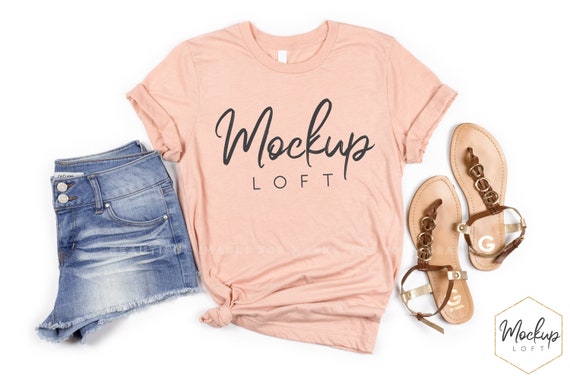 Bella Canvas 3001 Heather Peach Shirt Mockup Model Mockup Heather Peach T-Shirt Mockup
