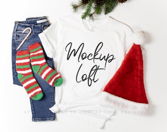 Christmas Tshirt Mockup | Bella Canvas 3001 Mockup White | Bella Canvas White T Shirt Mockup | Santa Hat | Christmas Socks | SKU T0067