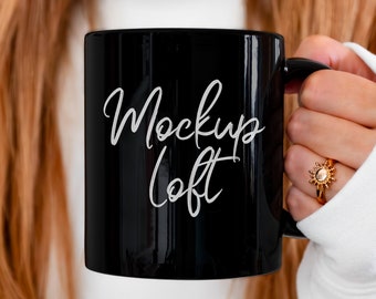 Black Mug Mockup | 11 oz. Ceramic Mug Mockup | Model Mug Mockup | Black Coffee Mug Styled Stock Photo | Digital JPEG IMAGE | SKU M0078