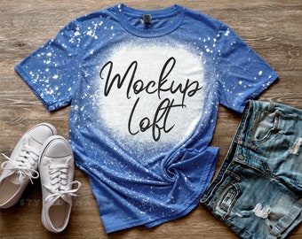 Bleached T Shirt Mockup Heather Royal | Bleached Heather Royal Blue T Shirt Mockup | Digital JPEG Image | Styled Flat Lay | SKU T0560
