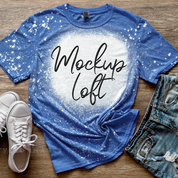 Bleached T Shirt Mockup Heather Royal | Bleached Heather Royal Blue T Shirt Mockup | Digital JPEG Image | Styled Flat Lay | SKU T0560