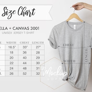 Tabella taglie, Bella Canvas 3001, Misure maglietta, Tabella taglie 3001, T-shirt Unisex Jersey, Bella Canvas Carta taglie, SKU SC017