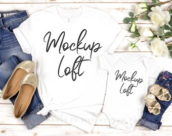 Mother and Baby Mockup | Bella Canvas 3001 Mockup White | Mother and Daughter Shirts | Matching Outfits Mockup | White 100B | SKU T0168