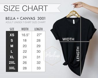 Black Tshirt Size Chart, Bella Canvas 3001 Size Chart, Tshirt Measurements, 3001 Size Chart, Bella Canvas Size Chart, SKU SC009