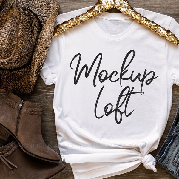 Bella Canvas 3001 Mockup White | White T Shirt Mockup | Western T Shirt Mockup with Cowboy Hat and Boots | Styled Flat Lay | SKU T0453