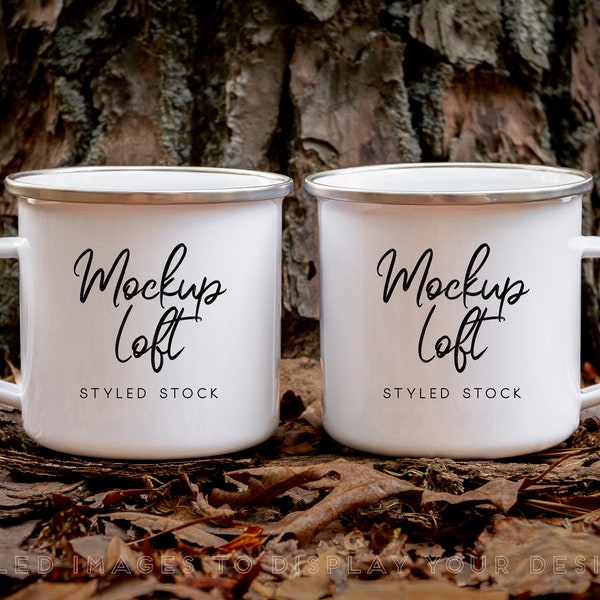 Camping Mug Mockup | Two Camping Mugs Mockup | Front and Back Camping Mug Mockup | Enamel Camper Mug Mockup | Styled Stock Photo | SKU M0056