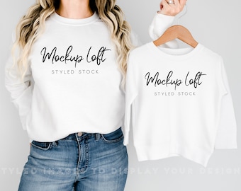 Model Mockup White Sweatshirt | Toddler Sweatshirt Mockup White | Matching Outfits Mockup | Mommy and Me Mockup | SKU T0536