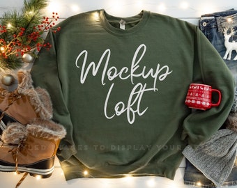 Christmas Sweatshirt Mockup | Military Green Sweatshirt Mockup | Crewneck Mockup | Winter Sweater Mockup | 18000 Military Green | SKU T0520