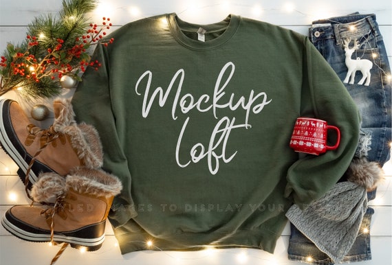 Christmas Sweatshirt Mockup | Military Green Sweatshirt Mockup | Crewneck Mockup | Winter Sweater Mockup | 18000 Military Green | SKU T0520
