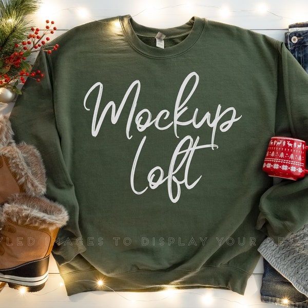 Christmas Sweatshirt Mockup | Military Green Sweatshirt Mockup | Crewneck Mockup | Winter Sweater Mockup | Military Green Mockup | SKU T0520