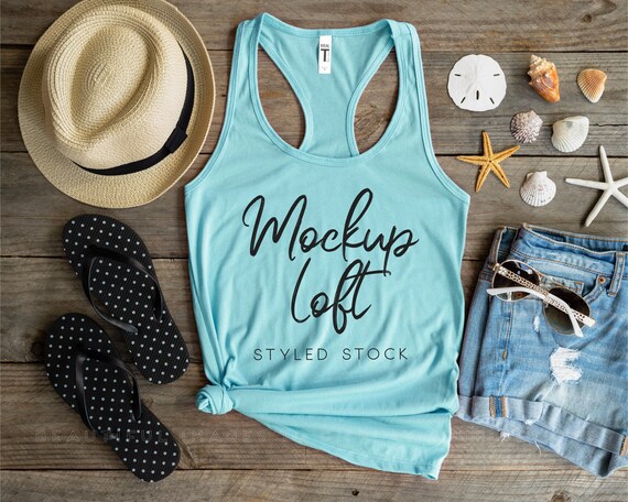 Next Level 1533 Mockup Cancun | Aqua Tank Top Mockup | 1533 Mockup | Beachy Tank Top with Seashells Mockup | SKU T0473
