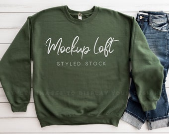 Military Green Sweatshirt Mockup | Crewneck Mockup | Winter Sweater Mockup | 18000 Military Green | Unisex Sweatshirt Mockup | SKU T0522