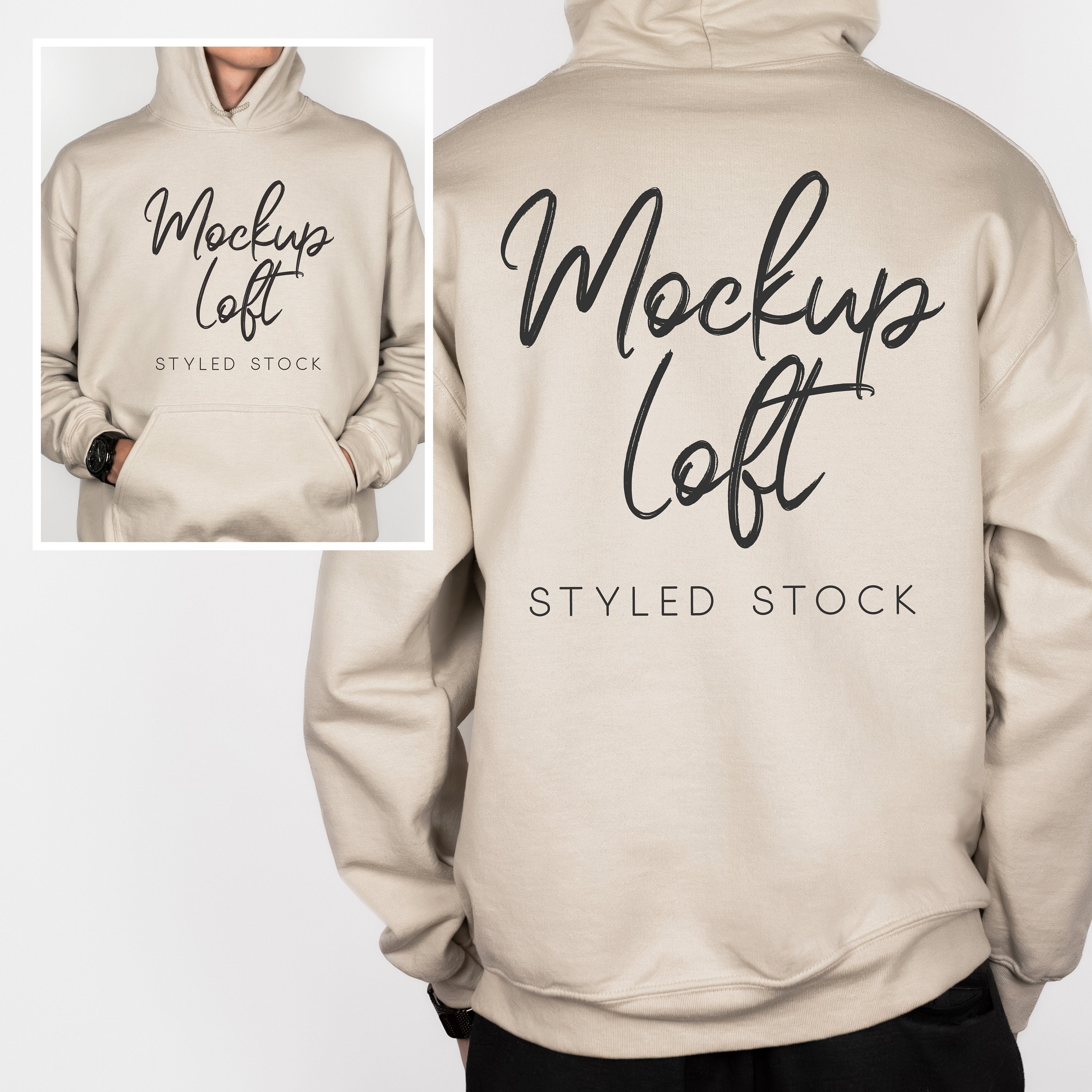 Front and Back of Hoodie Mockup Sand Men's Sand Hoodie Model