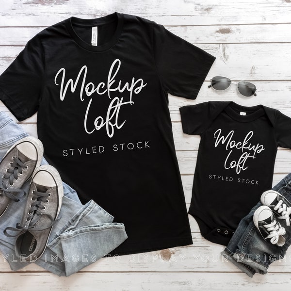 Father's Day Mockup | Daddy and Me Shirt Mockup | Black Bella Canvas 3001 Mockup | 100B Black One Piece Mockup | SKU T0255