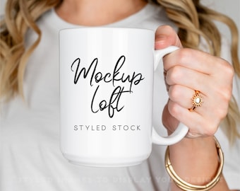 Model Mug Mockup | 15 oz. Ceramic Mug Mockup | White Coffee Mug Styled Stock Photo | Digital JPEG IMAGE | SKU M0073