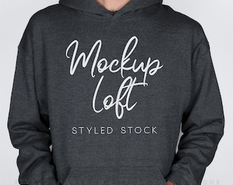 Model Mockup Dark Heather Hoodie Sweatshirt | Men's Hoodie Mockup | Dark Gray Sweatshirt Mockup | 18500 Dark Heather Mockup | SKU T0605