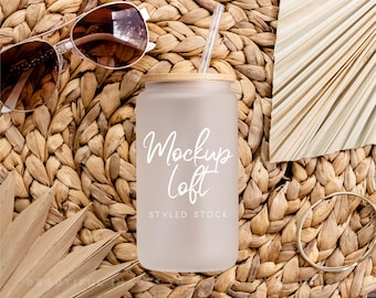Frosted Glass Tumbler Mockup | 16 oz. Glass Can Mockup |  Frosted Jar with Bamboo Lid Styled Stock Photo | Digital JPEG IMAGE | SKU C002