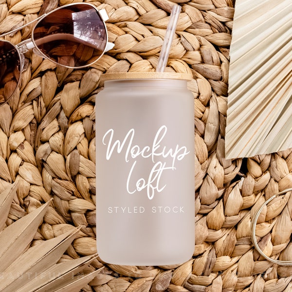 Frosted Glass Tumbler Mockup | 16 oz. Glass Can Mockup |  Frosted Jar with Bamboo Lid Styled Stock Photo | Digital JPEG IMAGE | SKU C002