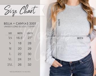 Size Chart | Bella Canvas 3501 Size Chart | Long Sleeve T shirt Measurements | 3501 Unisex Jersey Long Sleeve T-shirt Size Chart | SKU SC033
