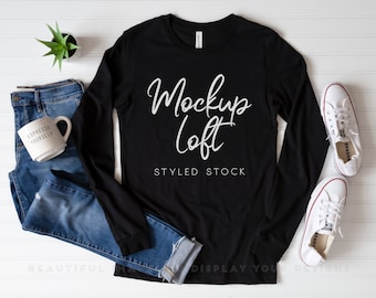 Bella Canvas 3501 Mockup Black | Bella Canvas Black Long Sleeve Shirt Mockup | Gender Neutral T Shirt Mockup | Unisex Mockup | SKU T0442