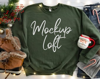 Christmas Sweatshirt Mockup | Military Green Sweatshirt Mockup | Crewneck Mockup | Winter Sweater Mockup | 18000 Military Green | SKU T0523
