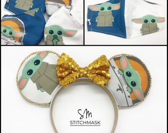 Rare The Mandalorian Baby Yoda Mickey Mouse Ears with Matching Face Mask. 3 layers, Pocket Filter, Nose Wire. Star Wars FaceMask. Adult/Kids