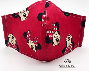 Disney Minnie Mouse Face Mask. Filter Pocket, Nose Wire, 3 Layers. Handmade. Reusable, Washable.