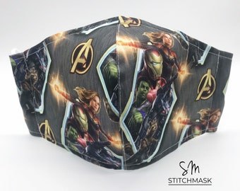 Avenger's Face Mask | Adult and Kids | Filter Pocket | Nose Wire | 3 layers | Marvel Comic | Made in USA | Iron Man | Captain America | Hulk