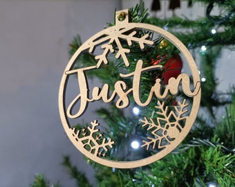 Personalized name Christmas ornaments Custom baubles set, Wooden Personalized hanging gift, Laser cut snowflakes Christmas tree Eve