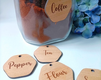 Étiquettes personnalisées en bois pour bar à café // Étiquettes en bois pour l'organisation // Étiquettes à café gravées sur bois // Bar à café // Bar à boissons