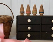 group of 4 vintage tree shaped bobbins, industrial quill cop shuttle weaving spools with thread, decorative rustic primitive textile decor