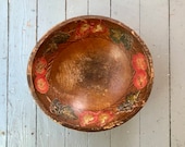 large vintage dough bowl paint decorated with fruit, large wooden butter bowl, modern country farmhouse primitive