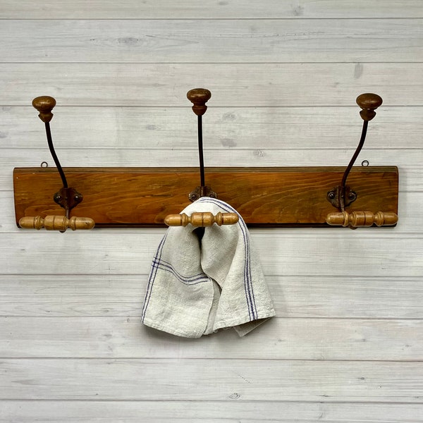 vintage french hat and coat rack, 3 top & bottom hooks on board ready to hang, a little bit art deco bentwood, for bags, towels, scarves