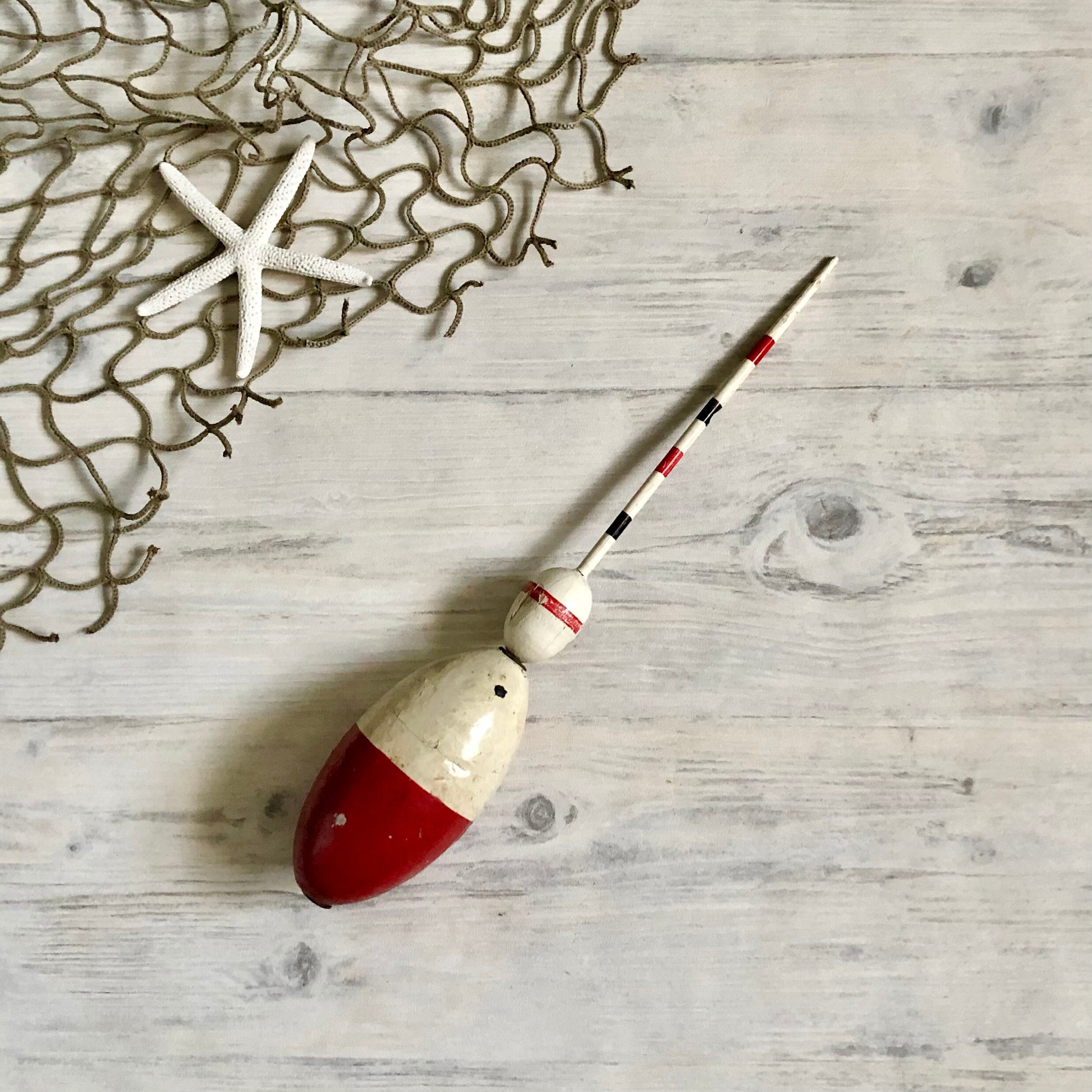 Exceptional Long Painted Vintage Wooden Fishing Bobber in Red