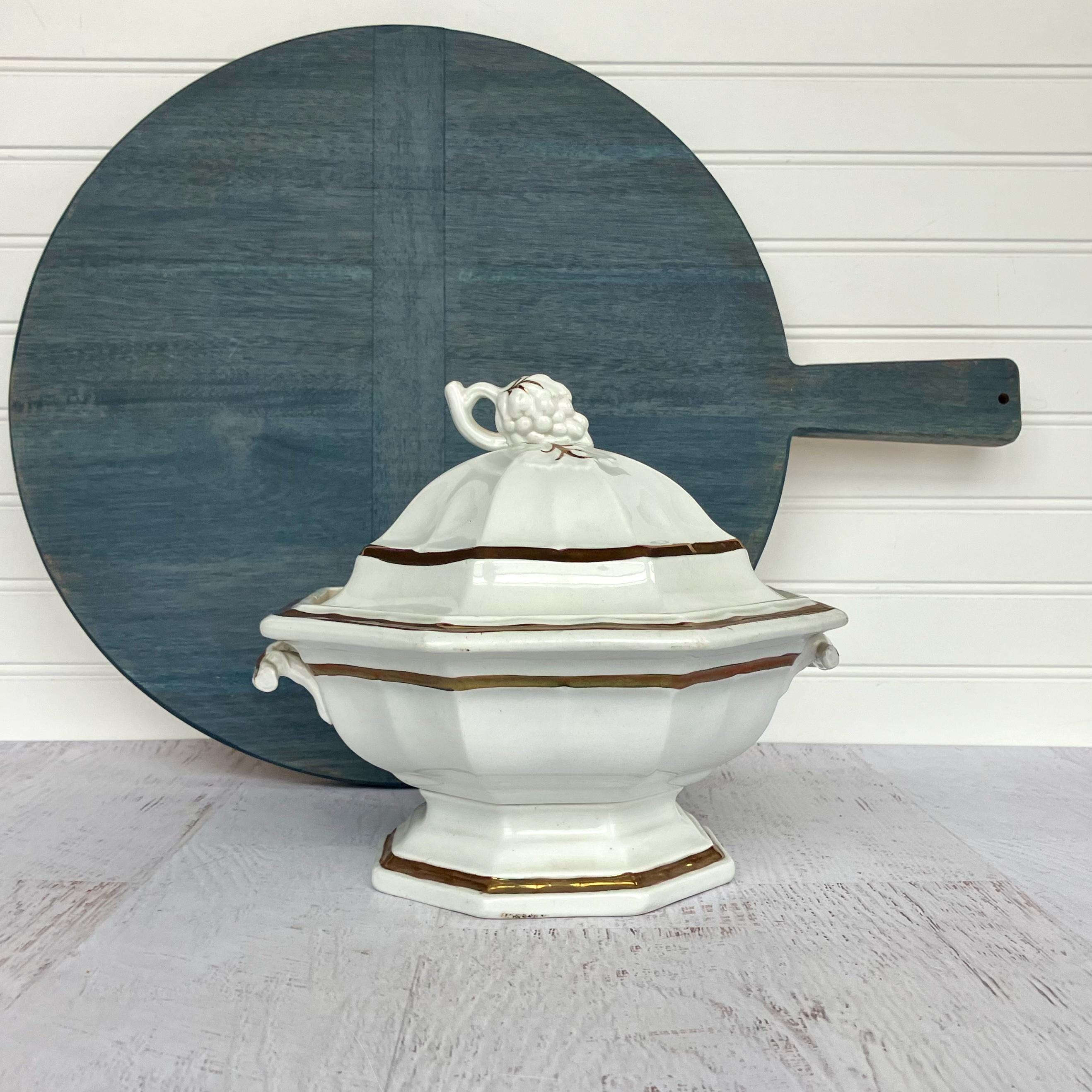 victorian era ironstone copper lustre grape leaf 4 cup tureen with rim chip, year round serving sides, veggies, fruit, a little soup, punch