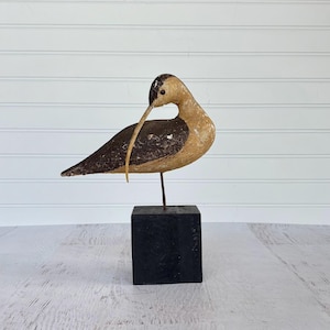 folk art shorebird decoy on stand with fabulous aged patina, rustic ocean bird, coastal americana nature carving